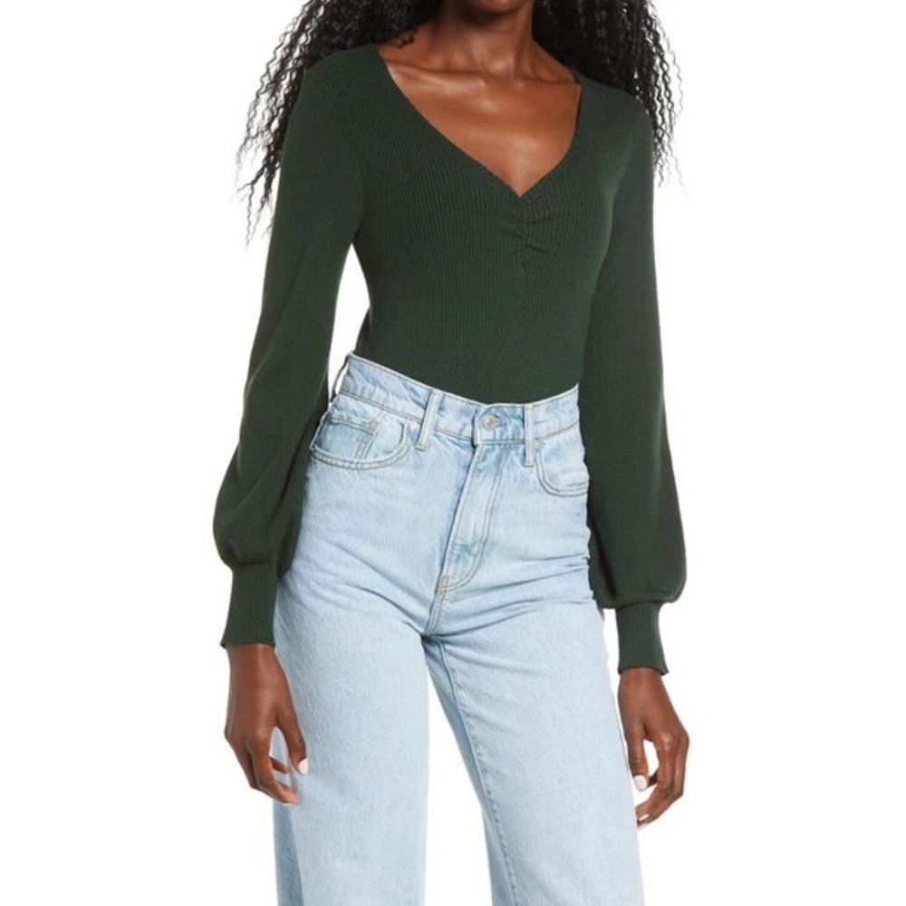 All in Favor Womens Forest Green Knit Blouson Sleeve V-Neck Top LT15548-001